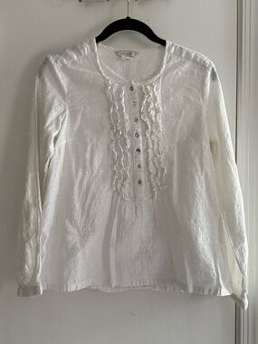Garnet Hill White Ruffle-Front Cotton Blouse Size 4